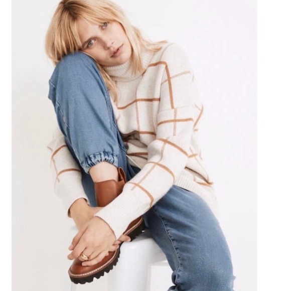 Madewell Sweaters - Madewell Windowpane Turtleneck Sweater Cream Tan Merino Wool Blend M